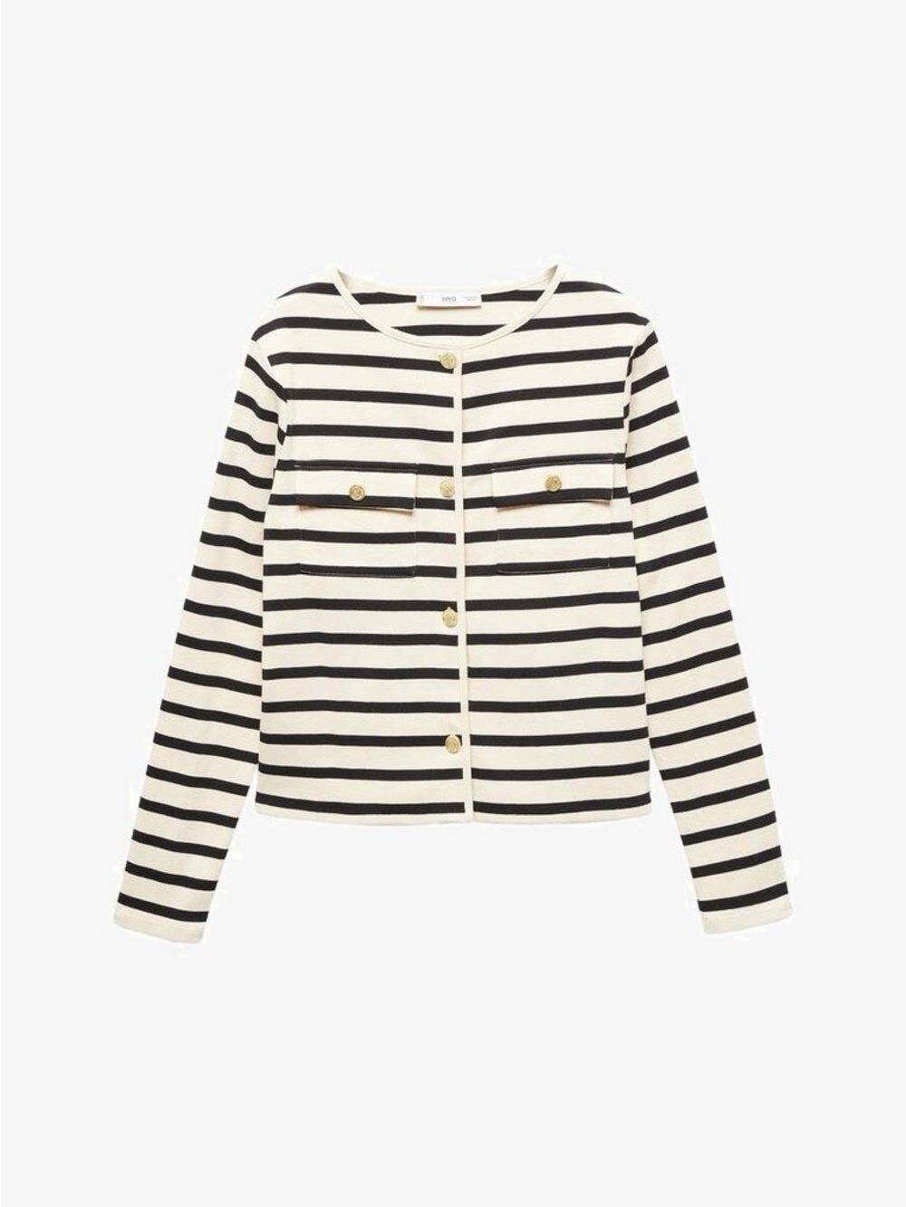 Mango Black & White Striped Crewneck Cardigan